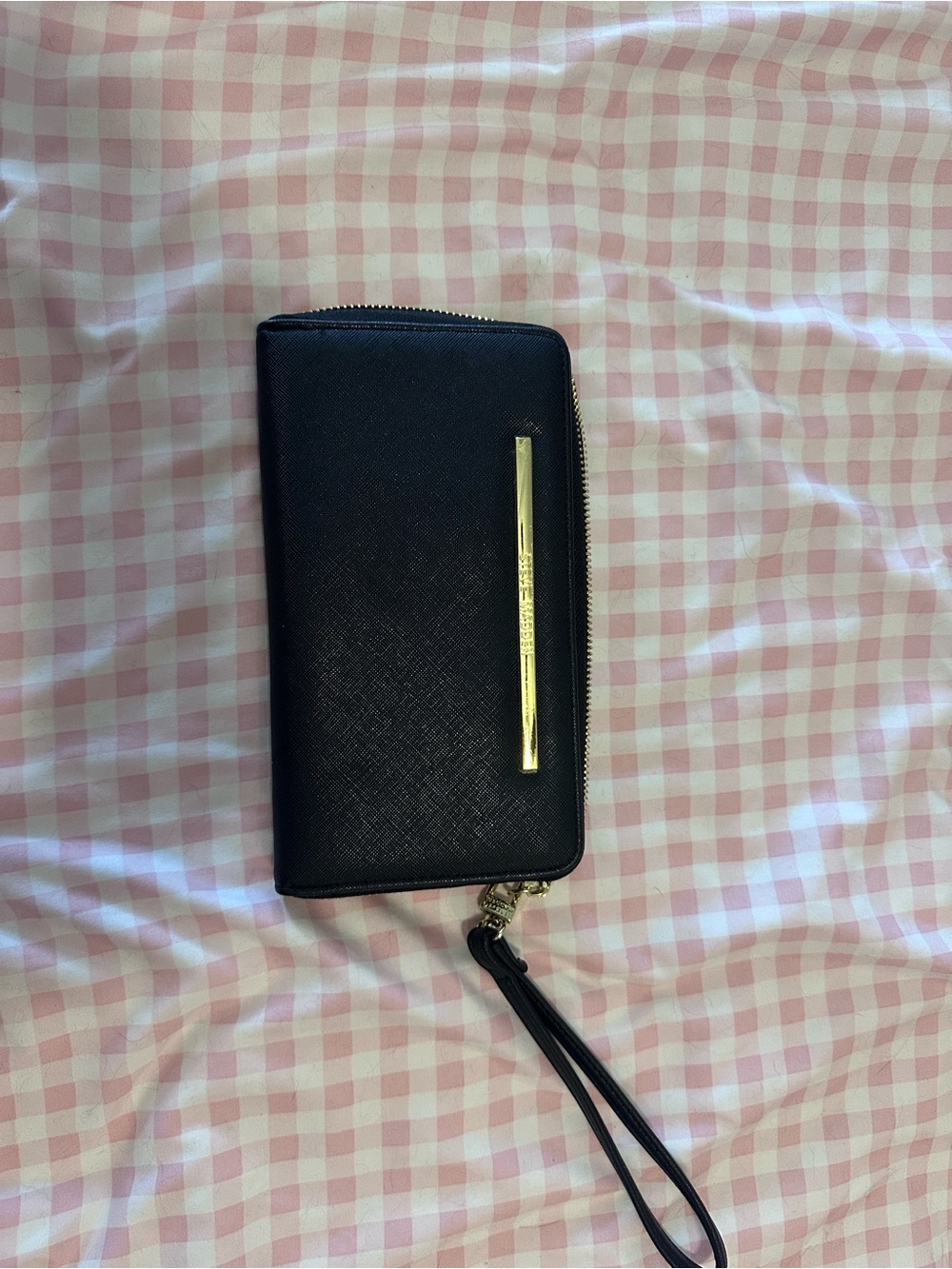 Steve Madden Black Zip Wristlet with Gold Tone Bar